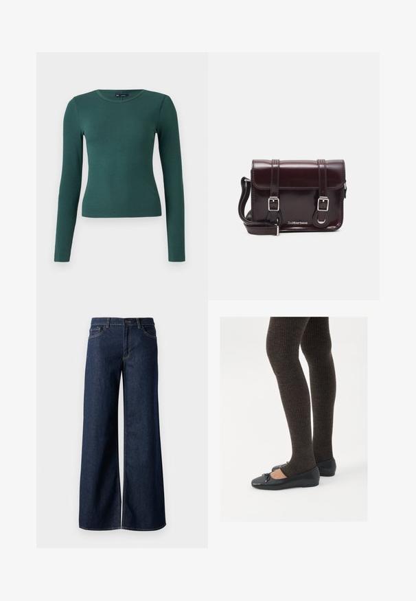 Tumšzaļš, garās piedurknes, ribots tops. Iekļauj klasisku apaļu kakla izgriezumu un pieguļošu dizainu, izgatavots no mīksta, elastīga materiāla.; Platas kājas džinsi tumši zilā denima krāsā. Iespējas ir kontrastējošās vīles, piecas kabatas un pogu aizdare jostasvietā. Gluda tekstūra.; Melnas plakano formas kurpes ar mazu loku uz pirksta, apvienotas ar tumši brūnām ribotām zeķubiksēm. Kurpēm ir gluda tekstūra un zems profils.; Burgundijas lakotas ādas crossbody soma ar taisnstūrveida formu, divām siksnām, sudraba krāsas aksesuāriem un vāku ar aizdari.