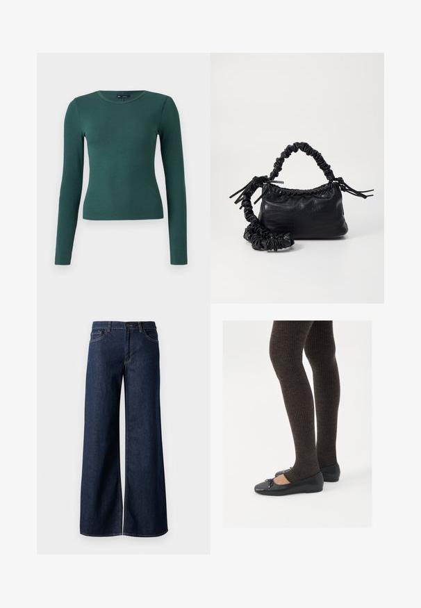 Maglietta a maniche lunghe, a coste, di colore verde scuro. Presenta un colletto rotondo e un design aderente, realizzata in materiale morbido ed elasticizzato.; Jeans a gamba larga in denim blu scuro. Presentano cuciture a contrasto, cinque tasche e una chiusura con bottone in vita. Texture morbida.; Scarpe nere a flat con un piccolo fiocco sulla punta, abbinate a collant a coste marrone scuro. Le scarpe hanno una texture liscia e un profilo basso.; Borsa a tracolla in ecopelle nera con texture a coccodrillo, apertura cinchata e tracolla arricciata. Si presenta con un design morbido e compatto.