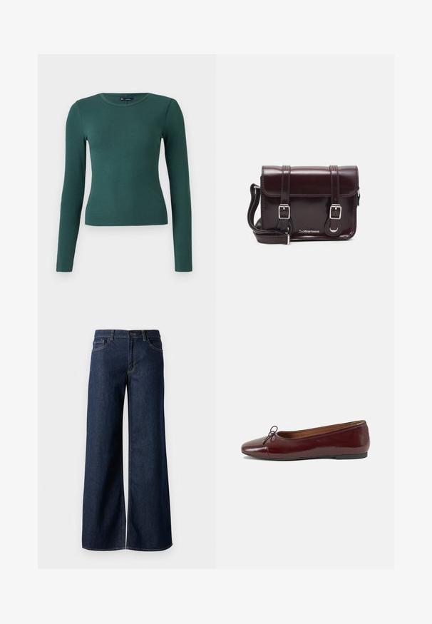 Long-sleeve, ribbed top in dark green. Features a crew neckline and fitted design, made from soft, stretchy material.; Wide-leg jeans in dark blue denim. Features contrast stitching, five pockets, and a button closure at the waist. Smooth texture.; Burgundy patent leather ballet flat with a rounded toe, small bow accent at the front, and a low, black rubber sole. Smooth texture.; Burgundy patent leather crossbody bag with a rectangular shape, two straps, silver hardware, and a flap closure.