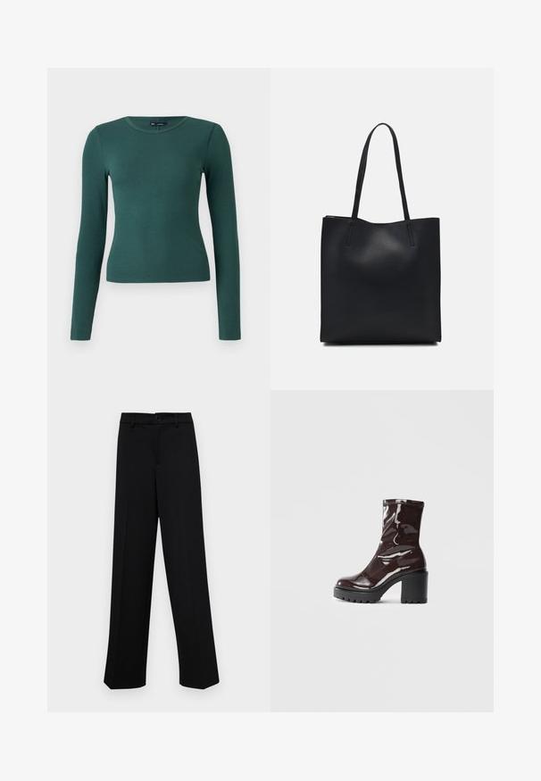 Langarm-Rippenoberteil in Dunkelgrün. Verfügt über einen Rundhalsausschnitt und eine enganliegende Passform, hergestellt aus weichem, dehnbarem Material.; Schwarze, weit geschnittene Hosen aus glattem Stoff, mit einem klassischen Taillenbund und einem Knopfverschluss sowie vorderen Falten.; Glatte bordeauxrote Ankle Boots mit einem klobigen schwarzen Absatz, die eine glatte Oberfläche und ein einfaches Design aufweisen. Keine sichtbaren Verschlüsse oder Muster.; Schwarze Laptoptasche aus Leder mit glatter Textur, rechteckiger Form und zwei langen Griffen. Keine sichtbaren Beschläge oder Verzierungen.