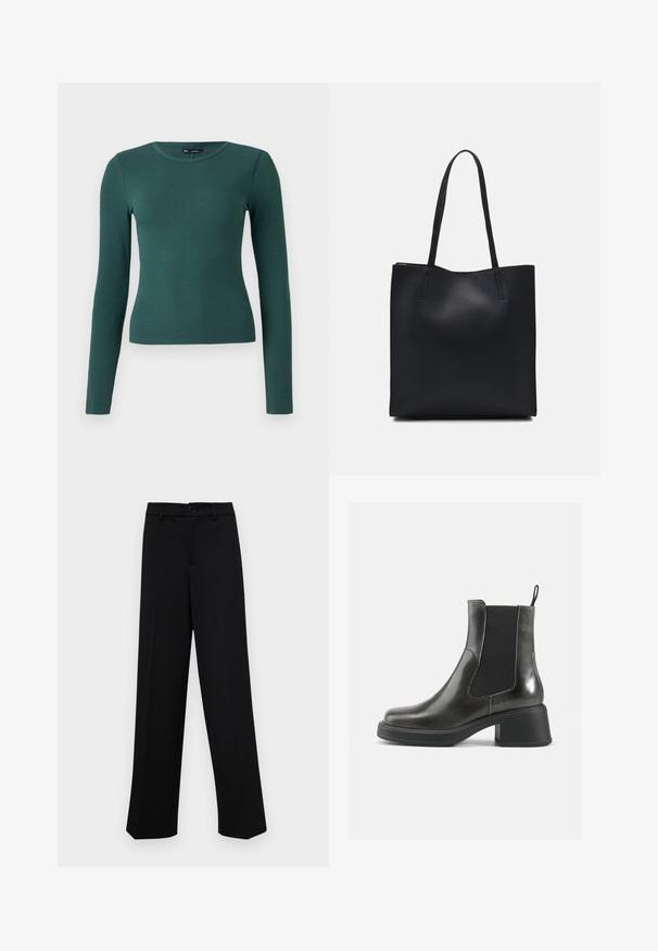 Top de manga longa, canelado, em verde escuro. Apresenta um decote redondo e design ajustado, feito de material macio e elástico.; Calças largas pretas, feitas de um tecido suave, com uma cintura clássica com fecho de botão e pregas frontais.; Botas de tornozelo em couro negro com um acabamento liso, painéis laterais elásticos e um salto robusto. Apresentam uma alça na parte de trás para facilitar o calçar.; Bolsa tote preta em couro com textura lisa, forma retangular e duas alças longas. Sem hardware ou enfeites visíveis.