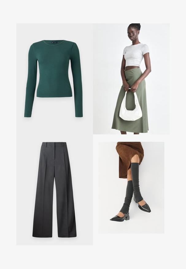 Halenka s dlouhým rukávem a žebrovaným vzorem v tmavě zelené barvě. Disponuje kulatým výstřihem a přiléhavým střihem, vyrobena z měkkého a elastického materiálu.; Široké kalhoty z tmavě šedé látky, s vysokým pasem, jedním skladem a hladkou texturou s čistým zakončením na lemech.; Černé lakované boty s špičatou špičkou, blokovým podpatkem a kotníkovým páskem, spárované s šedými žebrovanými návleky na nohy a hnědskou sukní z semiše.; Šedý pruhovaný crop top a olivově zelená sukně s vysokým pasem. Modelka drží bílou kabelku přes rameno s výřezovými detaily. Jednoduchý design, přiléhavý silueta.