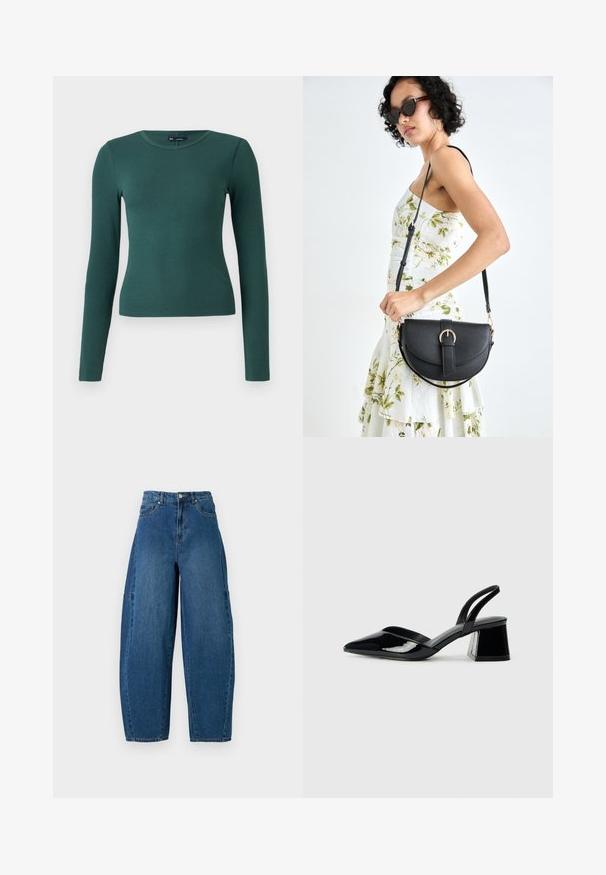 Long-sleeve, ribbed top in dark green. Features a crew neckline and fitted design, made from soft, stretchy material.; Denim jeans in a medium blue wash, featuring a high waist, wide leg cut, and standard five-pocket design with visible stitching details.; Black patent leather slingback heels with a pointed toe and a geometric block heel. Features a sleek, minimal design and smooth texture.; Black leather handbag with a curved shape, detachable strap, and gold hardware. The bag features a flap with a buckle detail.