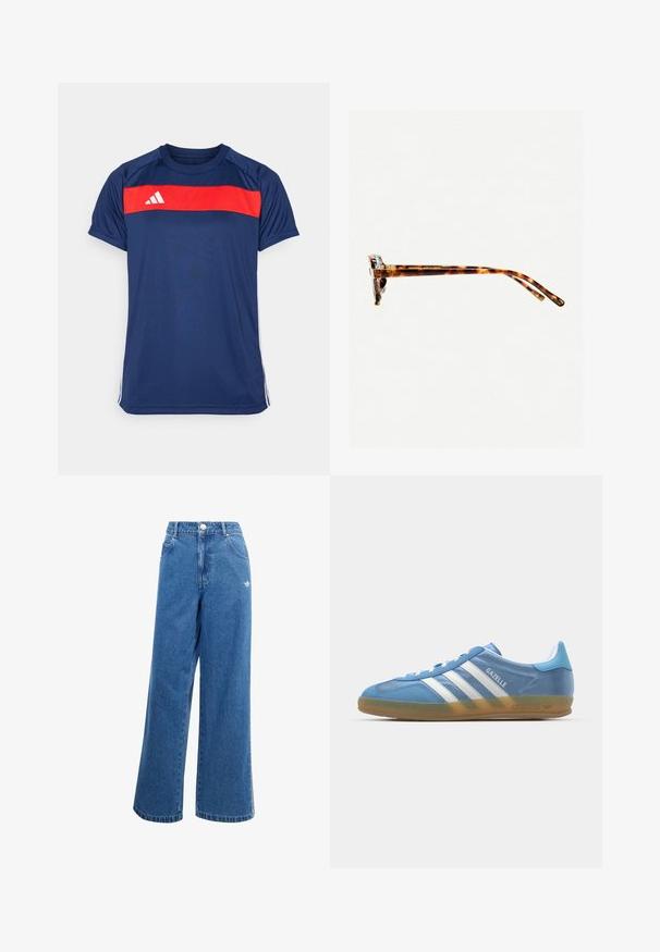 Mørkeblå atletisk T-shirt med en vandret rød stribe over brystet og tre hvide striber på ærmerne. Materialet er glat og let.; Bredde ben blå denim jeans med høj talje, forlommer og et lille hvidt logo detaljeret på hoften. Let falmet tekstur.; adidas Originals GAZELLE INDOOR - Sneakers - footwear white; Skildpaddemønstret solbriller med en tyk ramme, let buede stænger og glat overflade. Har et klassisk design med en blank finish.