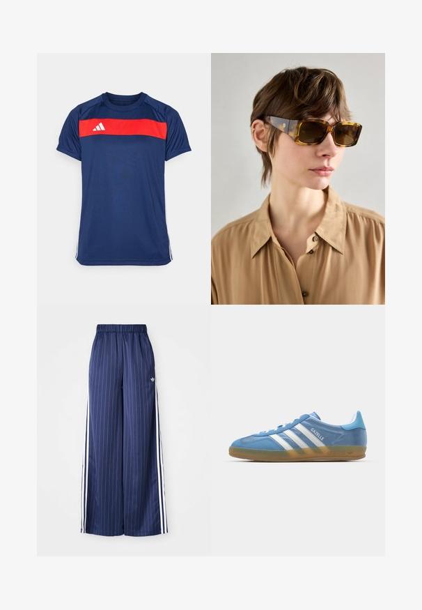 Navy blue athletic t-shirt featuring a horizontal red stripe across the chest and three white stripes on the sleeves. Material is smooth and lightweight.; Navy blue wide-leg pants with vertical white stripes, elastic waistband, and three white stripes along each side, made from a lightweight material.; adidas Originals GAZELLE INDOOR - Trainers - footwear white; Brown tortoiseshell sunglasses with large rectangular lenses and thick sides, featuring subtle branding on one arm. Smooth, glossy finish.