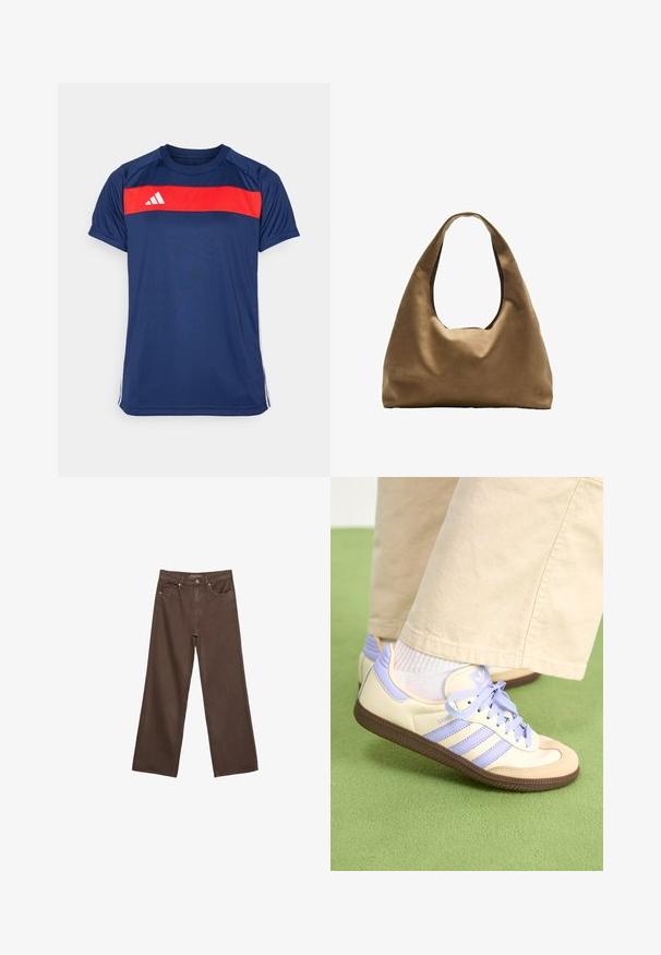 T-shirt sportivo blu navy con una striscia rossa orizzontale sul petto e tre strisce bianche sulle maniche. Materiale liscio e leggero.; Jeans a gamba larga marroni in denim, con vita alta, tasche anteriori e chiusura a bottone classica. Tessuto liscio con cuciture sottili.; Sneakers crema e lavanda con tre strisce e suola marrone texturizzata, dotati di lacci e tallone imbottito. Parte superiore in tessuto morbido.; Borsa a spalla in tessuto marrone con un corpo ampio e arrotondato e una grande maniglia a taglio. Texture morbida, design minimalista e senza hardware visibile.