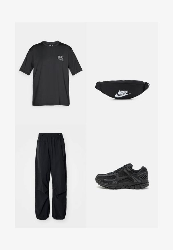 Maglietta sportiva nera a maniche corte con piccole perforazioni sui lati e la scritta "KARMA" con un'illustrazione di un occhio sul petto sinistro.; Pantaloni cargo leggeri neri con elastico in vita, zip laterali e tasche ampie. Caratterizzati da una vestibilità comoda e fondi a gamba affusolata.; Scarpa sportiva nera con tomaia in mesh, suola in gomma e dettagli testurizzati. Il design include un sistema di allacciatura pronunciato e una suola imbottita.; Marsupio nero in nylon con chiusura zip, caratterizzato da un grande logo Nike bianco. Texture liscia e design ergonomico per un'indossabilità confortevole.