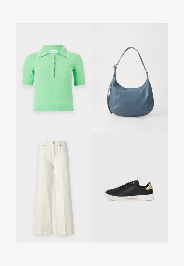 Šviesiai žalias trumpomis rankovėmis polo megztinis su tekstūruotu audiniu, turintis baltą apykaklę ir penkis dekoratyvinius mygtukus.; Platūs balti džinsai, pagaminti iš medvilnės mišinio. Yra užtrauktukas, penkių kišenių dizainas ir siūlės išsiuvinėjimas.; Juodos odinės sportinės bateliai su lygiu paviršiumi, balta guma padais, auksiniais akcentais ant kulno ir akių, su logotipu ant šono.; Mėlyna odinė rankinė su apvalia forma, viena petneša, užtrauktuku ir iškilmingu prekės ženklu priekyje. Lygi tekstūra.