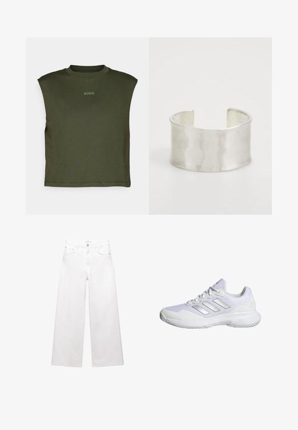 Olívazöld, ujjatlan felső puha anyagból, kerek nyakkivágással és a mellkason finom, világosabb zöld "BORG" logóval.; Fehér, bő szárú farmernadrág, pamutból készült, magas derekú, öt zsebes kialakítással és réz hardver díszítéssel. Simább, nem kopott textúra.; Fehér sportcipő, hálós felsőrésszel, texturált panelekkel és ezüst részletekkel. Jellemzője a párnázott talp és a kerek orrdesign.; Zign Karkötő - silver-coloured