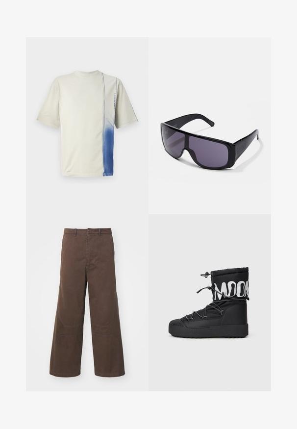 Lühikeste varrukatega puuvillane t-särk, millel on kerge kreemikust sügava sinise gradient, vertikaalne õmblusdetail ja logo.; Pruunid laiad püksid, mis on valmistatud vastupidavast puuvillast. Omavad esipoolse tasku detaile ja tugevdusõmblusi põlvedel, et suurendada funktsionaalsust.; Mustad muste saapad, millel on pehme ülemine osa, elastne kummipael, tekstuuriga kummitald ja kontrastne valge logo varruka peal.; Mustad mustraydud prillid, millel on ümberringi kujundus, tumedad läätsed, siledast plastist raam ja peen brändimine templil.