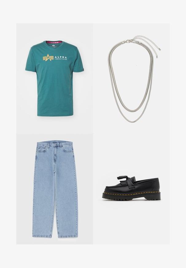 T-shirt de algodão azul-petróleo com mangas curtas. Apresenta um logótipo dourado e o texto "ALPHA INDUSTRIES" na frente. Decote redondo clássico.; Jeans de denim azul claro com design de perna reta, apresentando uma cintura de altura média, cinco bolsos e um fecho de botão e zíper.; Mocassim de couro preto com um detalhe de franjas, apresentando uma sola preta robusta e costura amarela ao longo da borda. Acabamento texturizado.; Colar de metal prateado em três camadas, com correntes flexíveis e elegantes que possuem um leve brilho, fechado com um fecho de lagosta e corrente ajustável.