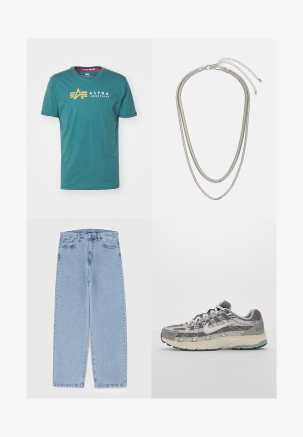 Tyrkysové bavlněné tričko s krátkým rukávem. Na přední straně se nachází zlaté logo a text "ALPHA INDUSTRIES". Klasický kulatý výstřih.; Světle modré džíny s rovnými nohavicemi, středním pasem, pěti kapsami a zapínáním na knoflík a zip.; Šedá sportovní obuv s vrchní částí z mikrovlákna a semiše, bílými akcenty, polstrovanou podrážkou a jedinečným designem s reflexními prvky.; Vícevrstvý stříbrný kovový náhrdelník s elegantními, flexibilními řetízky s jemným leskem, zabezpečený karabinkou a nastavitelným řetízkem.