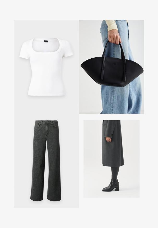 Bílý krátký rukáv tričko s čtvercovým výstřihem, vyrobené z žebrované tkaniny. Vyznačuje se přiléhavým střihem a hladkým povrchem.; Široké džíny z tmavě šedého denimového materiálu, s jemnou texturou zebřího vzoru, kontrastním prošíváním a pěti kapsami s knoflíkovým zapínáním.; Šedý padnoucí kabát s rovnou siluetou; kombinovaný s černými koženými botami nad kolena s hranatou špičkou a masivním podpatkem.; Černá kožená kabelka s jedinečným tvarováním ve tvaru vějíře, vybavená plochými uchy. Povrch má jemně zrnitou texturu a minimalistický design.
