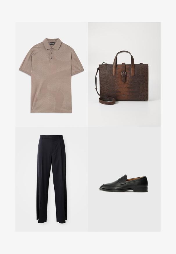 Barna póló ing, finom textúrával, három gombos pánttal és galléros kialakítással, amelyen a márkaneve ismétlődő stílusban szerepel.; Fekete, magasan ültetett nadrág, széles szárai vannak, sima anyagból készült. Elülső redők és övhurkok jellemzik. Minimalista dizájn, látható fémalkatrészek nélkül.; Fekete bőr mokaszin, kerek orral, diszkrét varrásokkal és alacsony sarokkal, sima felülettel és minimalista dizájnnal.; Barna krokodilbőr hatású bőr kézitáska tetejére erősített füllel és levehető vállpánttal. Csattal záródik, és téglalap alakú.