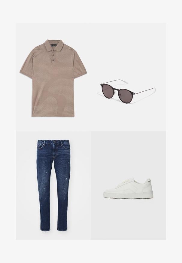 Polo shirt color sabbia con un sottile motivo testurizzato, abbottonatura a tre bottoni e design con colletto che presenta il nome del marchio in uno stile ripetuto.; Jeans in denim blu scuro con vestibilità slim, caratterizzati da schizzi di vernice, cuciture visibili e design classico a cinque tasche. Taglio dritto.; Sneaker in pelle bianca con una finitura liscia, punta rotonda, lacci piatti e suola testurizzata. Presenta un logo discreto sul tallone.; Occhiali da sole neri rotondi con lenti scure e sottili bracci in metallo. Include punte trasparenti e accenti argentati alla cerniera. Design minimalista.