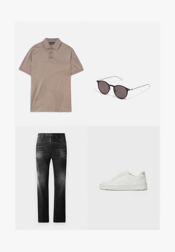 Tan pikétröja med en subtil strukturerad mönster, tre-knapplång krage och en design med krage som har varumärkesnamnet i ett upprepande mönster.; Svarta denimjeans med rak passform. Har blekta områden, mindre slitningar, klassisk femficksdesign och knäppning med knapp.; Vita lädersneakers med en jämn yta, rund tå, platta snörningar och en strukturerad sula. Har en diskret logotyp på hälen.; Svarta runda solglasögon med mörka linser och smala metallarmar. Inkluderar klara tempeltips och silverdetaljer vid gångjärnet. Minimalistisk design.