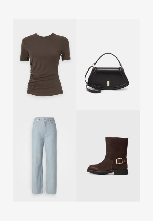 Ruda prigludusi t-shirt, pagaminta iš minkštos medvilnės, su trumpomis rankovėmis ir subanguotomis šoninėmis detalėmis, suteikiančiomis tekstūrinį efektą. Apvali iškirptė.; Šviesiai mėlyni tiesūs džinsai, pagaminti iš džinsinio audinio. Turi penkias kišenes, metalinį mygtuko užsegimą ir subtilų dėmėtumą, suteikiantį tekstūrą.; Rudos zomšos aulinukai iki kulkšnies su apvaliu nosiu, plokščiu juodu padu ir auksiniu sagtimi šone. Sklandus paviršius ir paprastas dizainas.; Juoda odinė rankinė su struktūrizuotu dizainu, turi trumpą formą, viršutinę rankeną ir auksinius akcentus. Pridėtas reguliuojamas peties diržas.