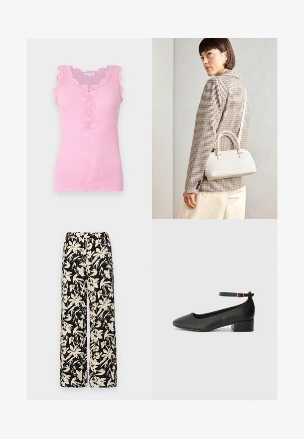 Lyserød ribbet tanktop med bølgede blondekanter, knapdetalje ned foran og en tætsiddende pasform. Blød tekstur og uden ærmer.; Sorte vide bukser med et mønster af cremefarvede blomster. Lavet af letvægtsstof, som har en glat tekstur og en høj talje.; Sorte læderpumper med spids tå og en lav blokhæl. Har en ankelrem med en guldfarvet spænde. Glat tekstur.; Hvid struktureret taske med korte håndtag og en skulderrem, prydet med guldfarvede hardwaredetaljer og tekstureret materiale, præsenteret mod en grå baggrund.