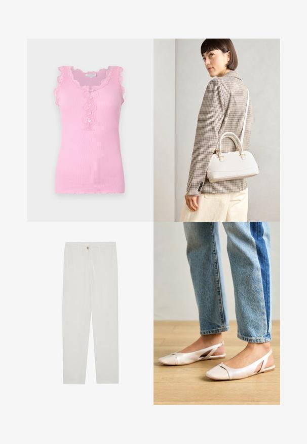 Rosa ribbed Tanktop mit gewelltem Spitzenbesatz, Knopfdetail vorne und figurnaher Passform. Weicher Stoff und ärmelloses Design.; Weisse, maßgeschneiderte Hosen mit geradem Bein, die über einen Knopfverschluss, Gürtelschlaufen und Seitentaschen verfügen; glatte Stoffoberfläche.; Blassrosa Slingback-Ballerinas mit spitzem Punkt, aus einem glatten, lederähnlichen Material. Mit Ausschnitten an den Seiten und einem flachen Absatz.; Weiße strukturierte Handtasche mit kurzen Griffen und einem Schultergurt, ausgestattet mit goldfarbenen Hardware-Elementen und strukturiertem Material, vor einem grauen Hintergrund präsentiert.