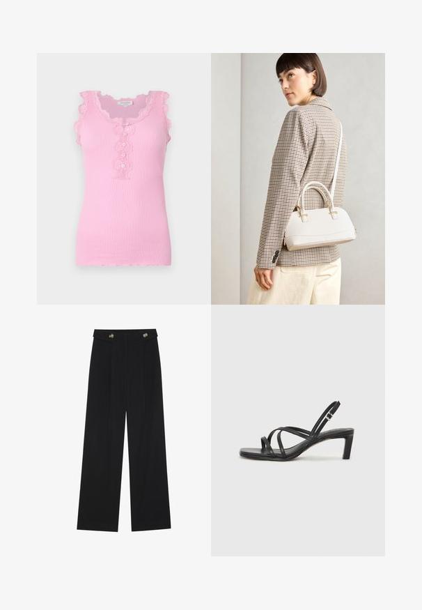 Pink ribbed tank top with scalloped lace trim, button detail down the front, and a fitted design. Soft texture and sleeveless style.; Black wide-leg trousers with high waist, button details on waistband, and front pleats.; Black strappy sandal with a square toe and a low block heel. Features multiple thin straps and an adjustable ankle strap. Made of smooth leather.; White structured handbag with short handles and a shoulder strap, featuring gold hardware accents and textured material, displayed against a grey background.