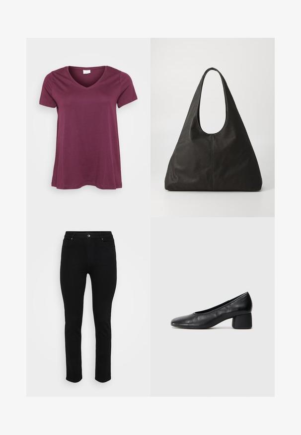 Trumpas rankovėmis, slyvų spalvos V tipo marškinėliai, rodantys atsitiktinį, laisvą kirpimą, pristatyti prieš baltą foną.; Juodi džinsai su siauru pasisekimu, penkių kišenių dizainu, priekiniais užsegimais ir šiek tiek tampri, kad būtų patogiau. Lygus, švelnus paviršius su minimaliais dekoratyviais elementais.; Juodai odiniai aukštakulniai batai su apvaliu pirštu ir vidutiniu bloku. Lygi tekstūra su minimaliu apdailos, turinčia subtilų elastingą atidarymą.; Juoda odinė rankinė su išlenktu užtrauktuku, pailga trigubos formos ir glotnia paviršiumi. Pasižymi minimalistiniu dizainu be matomų detalių.