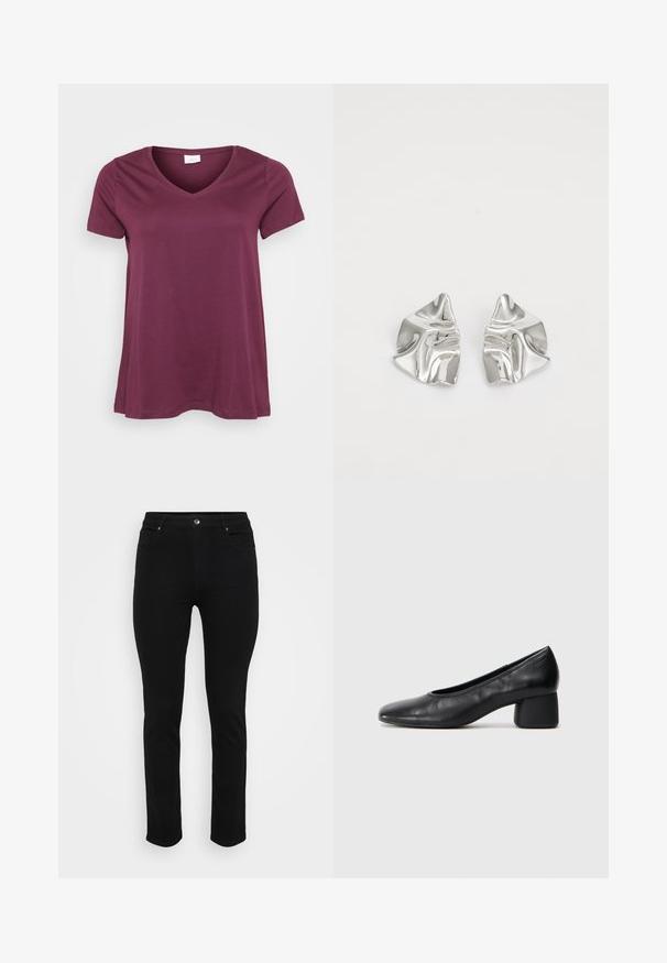 Kortermet, plommefarget V-hals t-skjorte vist mot en hvit bakgrunn, som fremhever en avslappet og uformell passform.; Sorte denim jeans med slim fit, fem-lomme design, front knappelukking og lett stretch for komfort. Flat, jevn tekstur med minimal detaljer.; Sorte lærpumps med rund tå og mellomstor blokkhæl. Glatt tekstur med minimalt med detaljer, og har en subtil elastisk åpning.; Sølvmetall øredobber med et bølgete, skulpturelt design, preget av en polert finish og uregelmessige former, som fremhever en moderne estetikk.