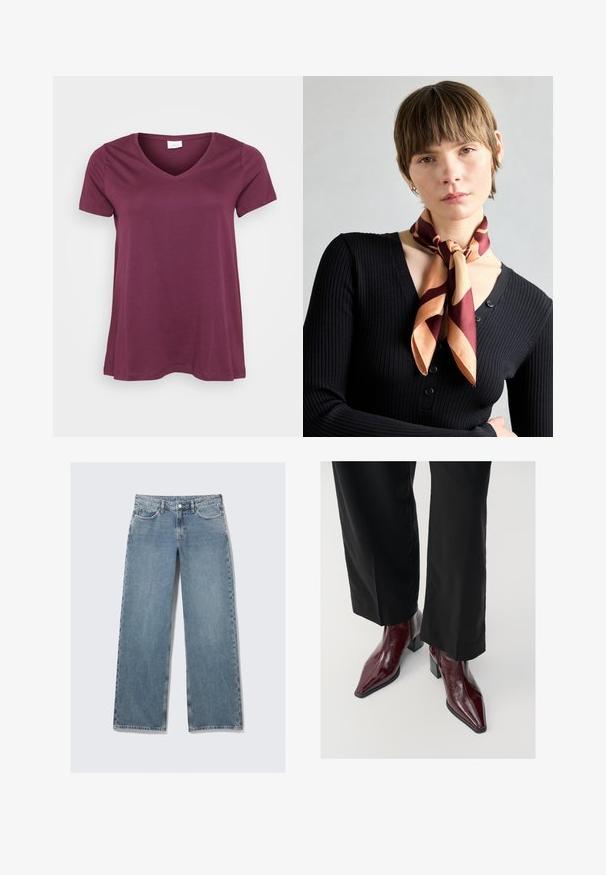 Tričko s krátkym rukávom vo farbe slivky s výstrihom do V, vystavené na bielom pozadí, ukazujúce neformálny a uvoľnený strih.; Svetlo modré rifle s vysokým pásom a rovnými nohavicami, s prednými vreckami, pútkami na opasok a zapínaním na gombík na bielom pozadí.; Bordové lakované kožené členkové topánky s špicatou špičkou, robustným podpätkom a textúrovaným povrchom, skombinované s čiernymi širokými nohavicami.; Hedvábny šál s abstraktnými vzormi v marhuľových a broskyňových odtieňoch, viazaný okolo krku. Žebrovaný čierny sveter s detailmi gombíkov.; Zlaté kruhové náušnice s vlnitým, textúrovaným dizajnom. Obsahujú tenké drôtové zapínanie a lesklý, reflexný povrch.