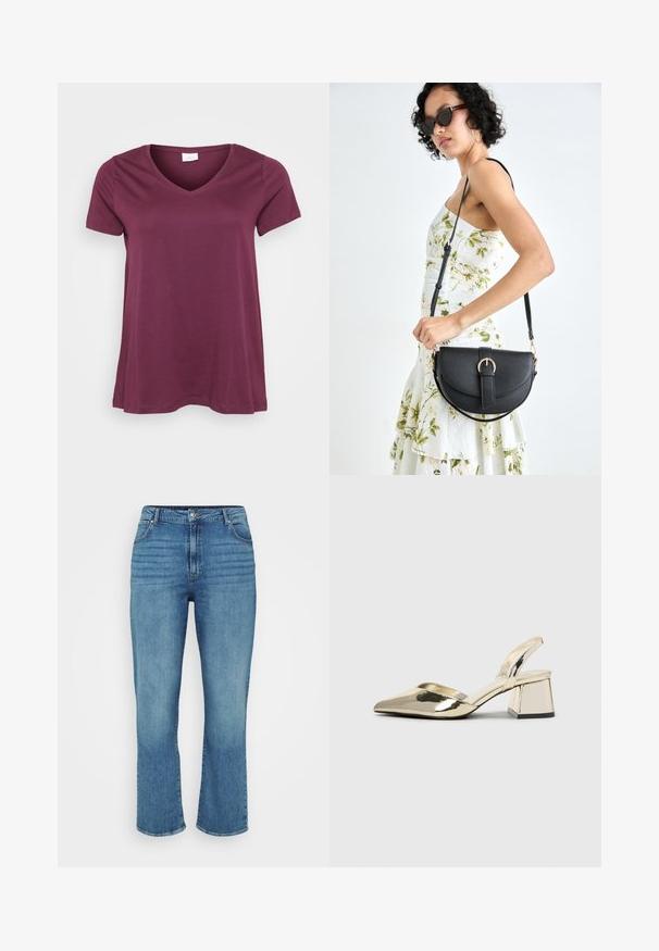 Tričko s krátkým rukávem, švestkové barvy, s výstřihem do V, umístěné na bílém pozadí, ukazující pohodlný, uvolněný střih.; Světle modré džíny s rovnými nohavicemi, obsahující pět kapes, poutka na opasek a jemné vyblednutí v přední části.; Kovové zlaté pantofle na podpatku s špičatou špičkou a masivním podpatkem. Hladký povrch, minimalisticý design a úzký pásek.; Černá kožená kabelka s křivkovým tvarem, odnímatelným popruhem a zlatými detaily. Kabelka má klopu s přezkou.; Zlaté kruhové náušnice, čtyři kusy, hladký povrch, zakřivený design, různé velikosti, s kloubovým zapínáním pro snadné nošení.
