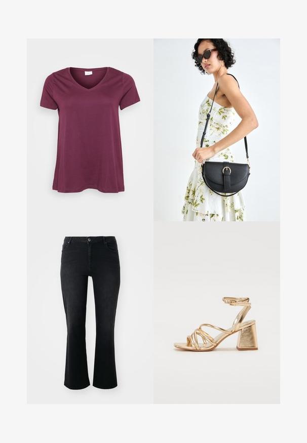 Kortermet, plommefarget V-hals t-skjorte vist mot en hvit bakgrunn, som fremhever en avslappet og uformell passform.; Sorte denim jeans med midjehøyde, frontknapp, to frontlommer, to baklommer og utsvingt benklipp.; Gyldne metalliske hæle-sandaler med en strappy design, kvadratisk blokhælhæl og justerbar ankelrem med spænde. Glat tekstur.; Svart lærveske med en buet form, avtagbar stropp og gullbeslag. Vesken har et klaff med spenne-detall.