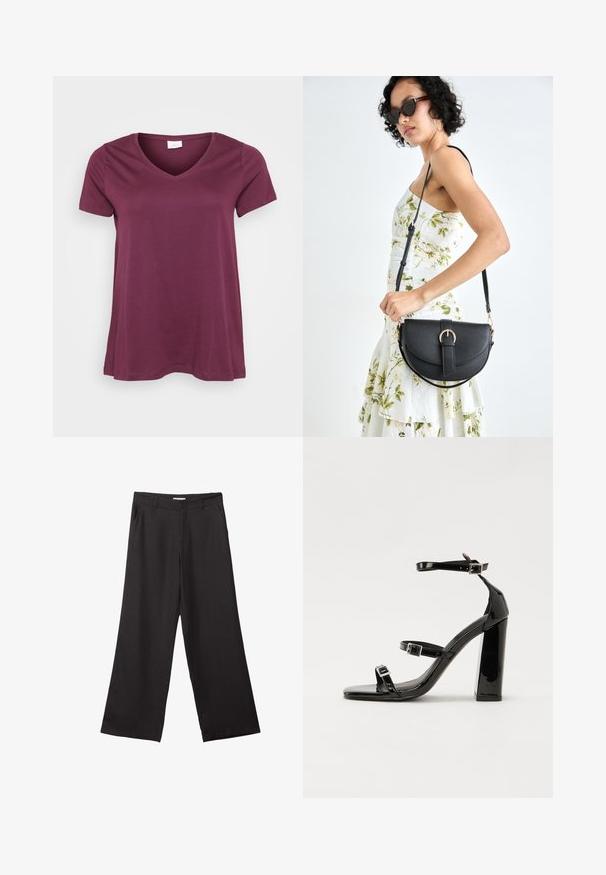 Koszulka z krótkim rękawem w kolorze śliwkowym z dekoltem w serek, wyeksponowana na białym tle, prezentująca swobodny, luźny krój.; Czarne spodnie z szerokimi nogawkami, wykonane z gładkiego materiału, z przednim zamkiem błyskawicznym i dwoma bocznymi kieszeniami, o dopasowanym kroju i minimalistycznym wzornictwie.; Czarne lakierowane sandały na obcasie z kwadratowym noskiem, z paskami wokół kostki i srebrnymi klamrami. Posiadają masywny słupek dla stabilności.; Czarna skórzana torebka o zakrzywionym kształcie, z odpinanym paskiem i złotymi akcentami. Torebka posiada klapę z zapięciem w kształcie klamry.