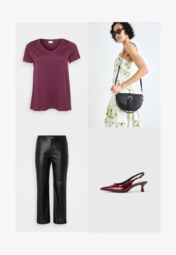 Sarkana, īsām piedurknēm, plūmju V-veida kakla t-kreklu, kas novietots uz baltā fona, demonstrējot ikdienišķu, brīvu piegriezumu.; Melnas mākslīgās ādas bikses ar taisnu griezumu, ar jostas cilpām, priekšpogu kabatām un rāvējslēdzēju ar pogu aizdari. Gluda tekstūra.; Burgundijas lakota ādas sandales ar smailu pirkstu un elegantu stiletto papēdi. Atvērta papēža dizains ar regulējamu potītes siksniņu.; Melnas ādas rokassoma ar izliekta formu, noņemamu siksnu un zelta aksesuāriem. Somai ir vāciņš ar sprādzes detaļu.