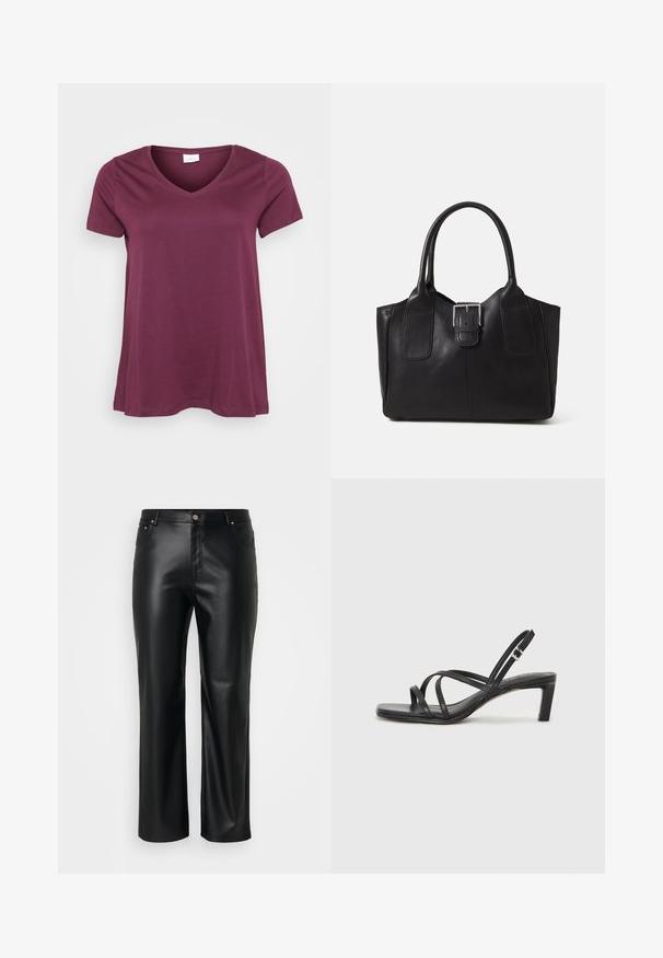 Kortermet, plommefarget V-hals t-skjorte vist mot en hvit bakgrunn, som fremhever en avslappet og uformell passform.; Svarte falske skinnbukser med rett snitt, med beltehemper, frontlommer, og glidelås med knappelukking. Glatt tekstur.; Sorte sandaler med stropper, firkantet tå og lav blokk hæl. Har flere tynne stropper og en justerbar ankelstropp. Laget av glatt lær.; Svart skinn toteveske med jevn tekstur, strukturert form, to håndtak og en fremtredende sølvspenne foran.