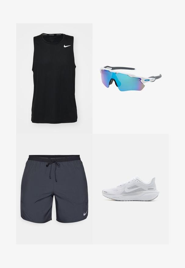 Černý sportovní tank top bez rukávů, vyrobený z hladkého materiálu. Obsahuje bílé logo Nike na levé části nahoře. Kolo výstřih bez štítku.; Běžecké šortky Nike v tmavě šedé barvě, se zakončením na gumu a tkaničkou a stříbrným logem na dolní části pravé nohavice.; Bílé sportovní boty s síťovaným svrškem, hladkými texturovanými překryvy, šedými akcenty, tkaničkami a polstrovanou podrážkou navrženou pro výkon.; Sluneční brýle s bílým rámečkem, šedými akcenty a modrými zrcadlovými čočkami. Sportovní design, obepínající tvar a nastavitelné nosní podložky.