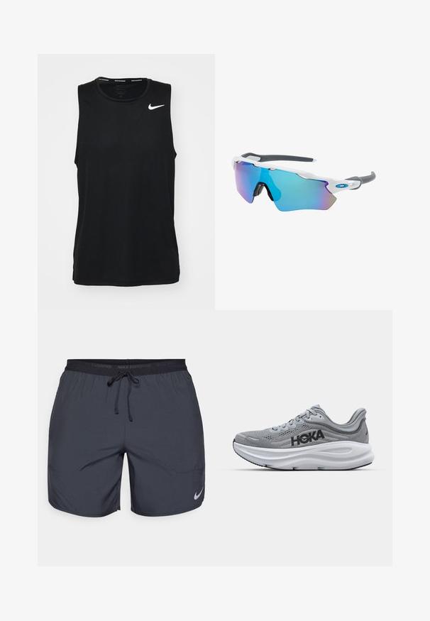 Zwart, mouwloos sport tanktop van gladde stof. Heeft een wit Nike-logo aan de bovenlinkerkant. Ronde halslijn met een tagloze ontwerpen.; Nike hardloopshorts in donkergrijs, met een elastische tailleband en een trekkoord, en een zilveren logo-accent op de onderkant van het rechterbeen.; Grijze sportieve schoen met een bovenwerk van mesh, HOKA-merk, gevoerde tussenzool en rubberen loopzool. Heeft een gebogen ontwerp en gestructureerde details.; Zonnebril met een wit frame, grijze accenten en blauwe spiegelglazen. Sportief ontwerp, omhulde vorm en verstelbare neuspads.