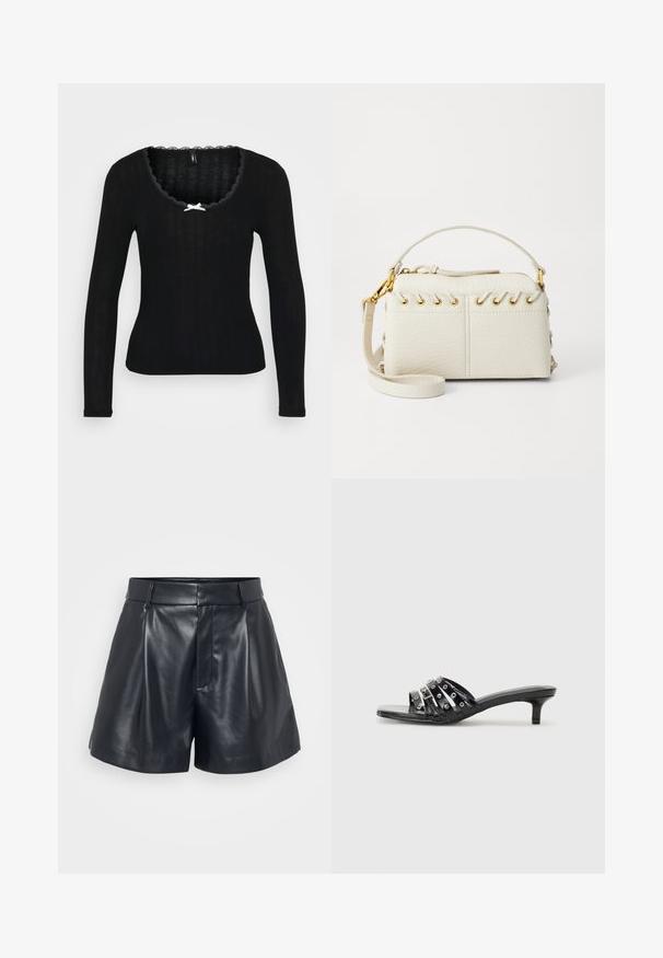 Fekete, hosszú ujjú felső, bordázott textúrával, fodros nyakkivágással és egy kis fehér masnival az elülső középen.; Fekete bőr sort, sima textúrával, testreszabott dizájnnal, redők elöl és övbújtatók; a side részén rejtett cipzáras zseb található.; Fekete magassarkú szandálok, amelyek fényes pántokkal és fémes részletekkel rendelkeznek, hegyes orral és szerény kiscipő sarkakkal. Simább textúra.; Fehér műbőr kézi táska, felső cipzárral, rövid fogantyúval és levehető keresztpántos vállpánttal, arany színű fémrészletekkel. Oldalsó fűzés részlet.; Ez egy ezüst fülbevaló, sima felülettel, amelyen apró arany díszítőelemek találhatók. Kerek formájú és a fülcimpán viselik.