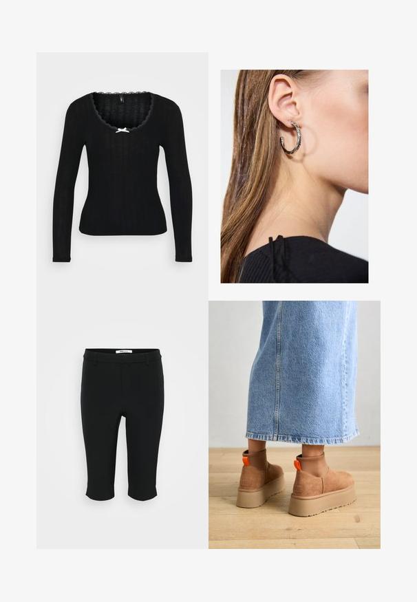 Musta pitkähihaine paita, jossa on ribbed rakenne, aaltoileva kaula-aukko ja pieni valkoinen nauha yksityiskohtana etuosassa.; Mustat capri-housut, jotka on valmistettu sileästä kankaasta. Niissä on tasainen etuosa, vyölenkit ja lyhennetty helma. Yksinkertainen muotoilu ilman näkyviä kuvioita.; Ruske mokasine z platformo in elastiko na straneh ter oranžnimi zategovalnimi trakovi, v kombinaciji z osnovno dolžino svetle denim krila na lesenem podu.; Hopea renkaankorvakoru kiiltävällä pinnalla, jossa on pieniä kultaisia yksityiskohtia ja pyöreä muoto, käytetty korvalla.