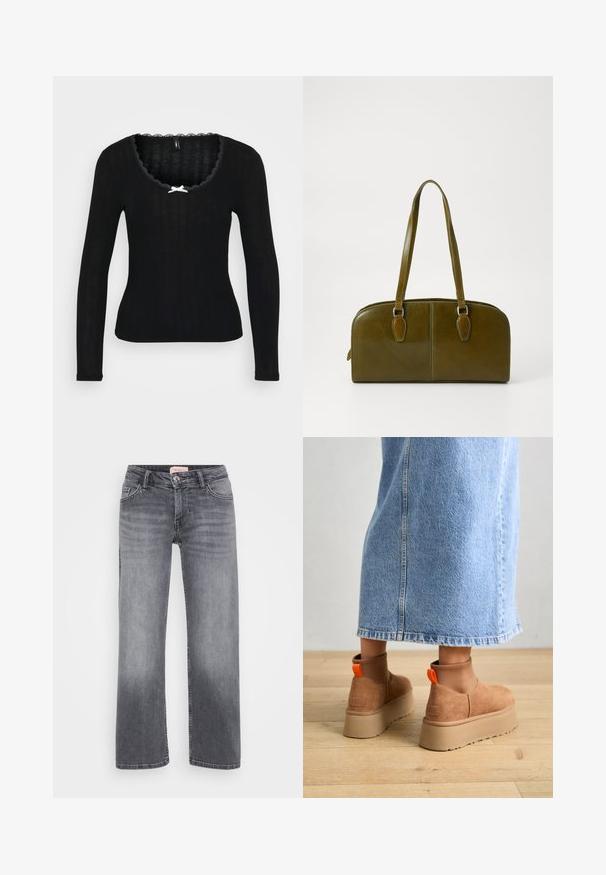 Must mustriga särk ribakanga, laineteeline kaelus ja väike valge sõltuvus keskel.; Halli teksad otste kujundusega, viie taskuga stiil, kerge pleekimisega ja nööpkinnipeaga vöökoht.; Pruunid nahatooted platvormikontsad elastsete külgpaneelidega ja oranžide tõmbetuttidega, koos puusani ulatuva heleda denim-seelikuga puidust põrandal.; Olive rohelise nahast käekott ümmarguse kujuga, kahe käepidemega ja sujuva esipaneeliga. Omab sileda tekstuuri ja peeneid õmblusdetailide.; Hõbedane rõngas kõrvarõngas poleeritud viimistlusega, millel on väikesed kuldsed aktsendid ja ümmargune kuju, kantud lobus.