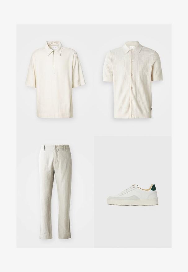 Cămașă crem cu mânecă scurtă, cu închidere prin fermoar și guler plat, confecționată dintr-un material moale, având o tăietură lejeră și un design minimalistic.; Cardigan cu mâneci scurte, tricotat în relief, de culoare albă-crem. Prezintă un guler clasic, închidere cu nasturi și un material texturat. Detaliu de design subtil la margine.; Pantaloni din in bej deschis, cu croi drept, textură subtilă, închidere cu un nasture în față și două buzunare laterale. Croiți pentru o siluetă curată.; Sneaker alb cu accente din suede, vârf rotund, șireturi plate și o talpă din cauciuc crem. Are un logo verde pe călcâie.