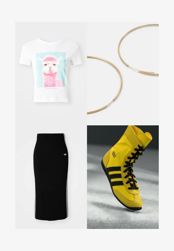Camiseta blanca con un gráfico de la cara de una llama rosa y azul, con el texto "Esta llama no quiere tu drama" debajo.; Falda midi negra con diseño ajustado, que presenta franjas laterales blancas y un pequeño emblema blanco en el lado izquierdo.; Zapatillas altas hechas de material sintético amarillo, con cordones negros, tres rayas negras y logotipo en el lateral. Suela de goma texturizada.; Pendientes de aro color dorado, delgados y redondos, con un acabado metálico suave y sin adornos ni patrones.