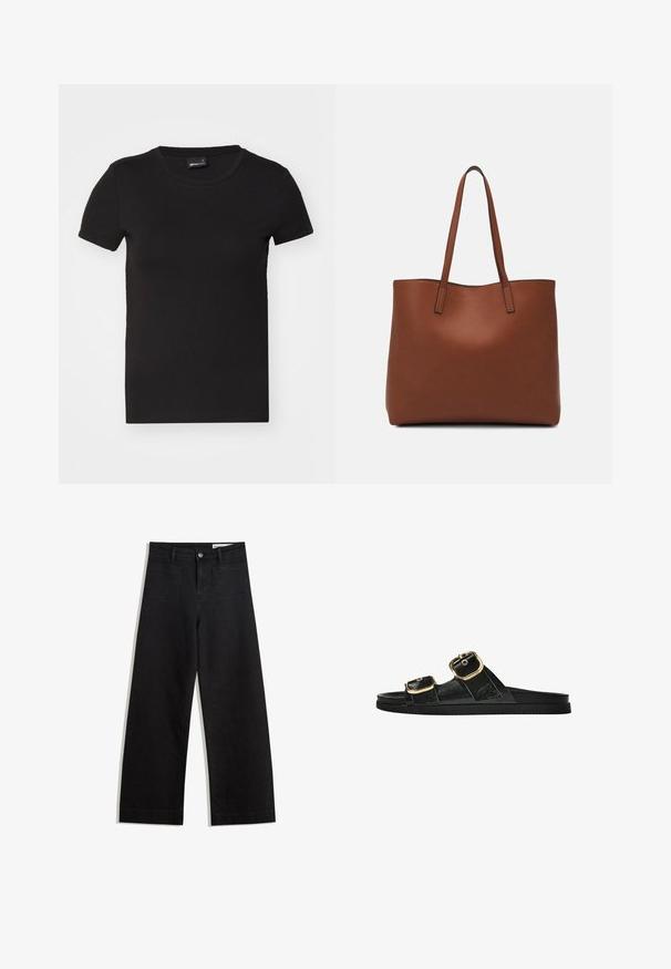 T-shirt nera a maniche corte realizzata in cotone morbidissimo. Presenta un collo tondo e un design aderente, senza motivi o grafiche visibili.; Pantaloni in denim neri a gamba larga con vita alta, dotati di tasche anteriori e posteriori, cuciture a punto, e chiusura con bottone. Texture liscia.; Infradito neri con due accenti di fibbia dorata, materiale dalla texture liscia, suola piatta e design minimalista.; Borsa tote in pelle marrone con texture liscia, design con apertura superiore e due spallacci. Presenta cuciture minime e nessun hardware visibile.