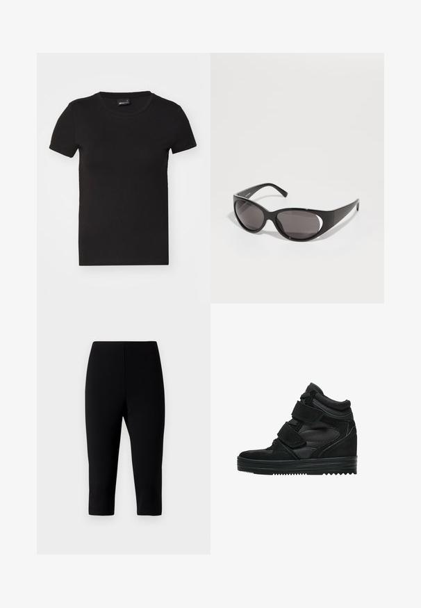 Črna majica s kratkimi rokavi, izdelana iz gladkega bombaža. Ima okroglo izreza in prilegajoč kroj, brez vidnih vzorcev ali grafike.; Črne capri hlače iz raztegljive tkanine, s prilegajočim dizajnom, ki se konča tik pod kolenom, z gladko teksturo in brez vidnih šivov.; Črne visoke teniske iz usnja in mrežastega materiala, ki imajo ježke, gladko površino in teksturiran gumijast podplat za oprijem.; Črne sončne očala z ovalnimi lečami in elegantnim oblikovanjem. Okvirji so sijoči in široki, s podrobnostjo izrezanega dela na straneh.; Črna usnjena torba s pletenimi ročaji, žepom na zadrgo in visečimi resicami. Teksturična površina z kovinskimi okrasnimi studenčki in dodatki iz kovine.