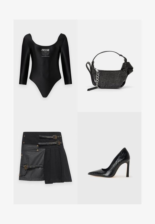 Body aderente nero a maniche lunghe realizzato in tessuto liscio, con scollatura a barchetta e testo del logo bianco a contrasto sulla parte anteriore.; Gonna nera con dettagli in pelle, fibbie e una combinazione di texture. Include una tasca sul lato sinistro e un design plissè.; Scarpa nera con punta a punta alta in pelle di coccodrillo, caratterizzata da un design elegante, alto tacco a spillo e interno nero liscio.; Borsa nera con un design texture, adornata con borchie argentate e una robusta tracolla in argento. Presenta una forma elegante e minimalista.