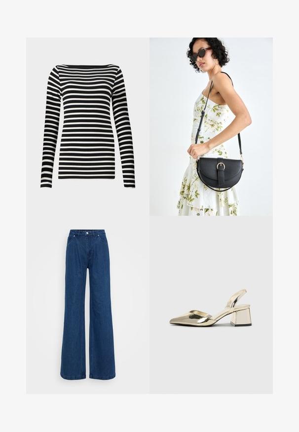 Camisa de mangas longas em preto e branco com decote barco, apresentando riscas horizontais espaçadas uniformemente em um tecido liso e elástico.; Jeans de ganga azuis de perna larga com uma cintura alta, fecho frontal por botão e zip e bolsos dianteiros e traseiros sobre um fundo plain.; Sapatos de salto alto metálicos dourados, com biqueira em ponta e salto grosso. Textura suave, design minimalista e uma tira estreita.; Bolsa de couro preta com forma curva, alça destacável e detalhes em dourado. A bolsa possui uma aba com detalhe de fivela.; Brincos em ouro, quatro peças, acabamento liso, design arredondado, tamanhos variados, com fecho articulado para fácil uso.