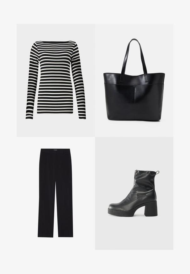 Black and white striped long-sleeve shirt with a boat neckline, featuring evenly spaced horizontal stripes on a smooth, stretch fabric.; Black corduroy trousers with a straight cut, featuring a flat waistband and no visible pockets, smooth texture, and vertical ribbing detail.; Black ankle boots made of smooth leather, featuring a side zipper, chunky textured heel, and rounded toe design.; Black leather tote bag with two long handles, a smooth texture, and a structured shape. Features a front pocket for additional storage.