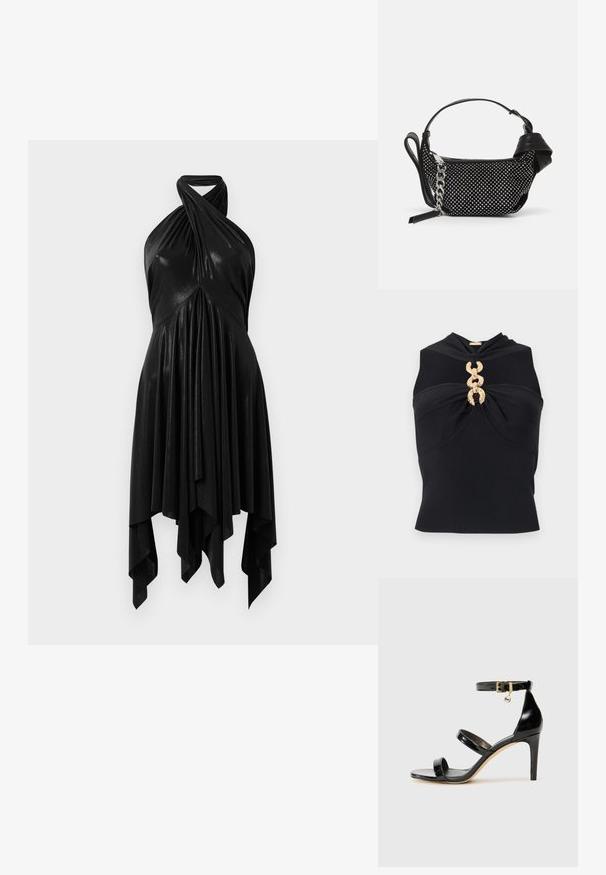 Melna bez piedurknēm topa blūze ar savītu priekšpusi, ar zelta ķēdes akcentu centrā un ribota tekstūra visā blūzē.; Melnā haltera kleita ar drapējuma dizainu. Izgatavota no spīdīga materiāla, ar vērptu kakla izgriezumu un asimetrisku apakšmalu. Gluda tekstūra.; Melnas lakota ādas sandalēs ar trim siksnām, potītes sprādzi un 4 collu stiletto papēdi. Iespējas ar zelta detaļām un logotipa piekariņu.; Melnā rokassomiņa ar studētiem rotājumiem, ķēdes siksniņu un gludas ādas rokturi, ar apaļu formu un ar rāvējslēdzēju aizveramu nodalījumu.