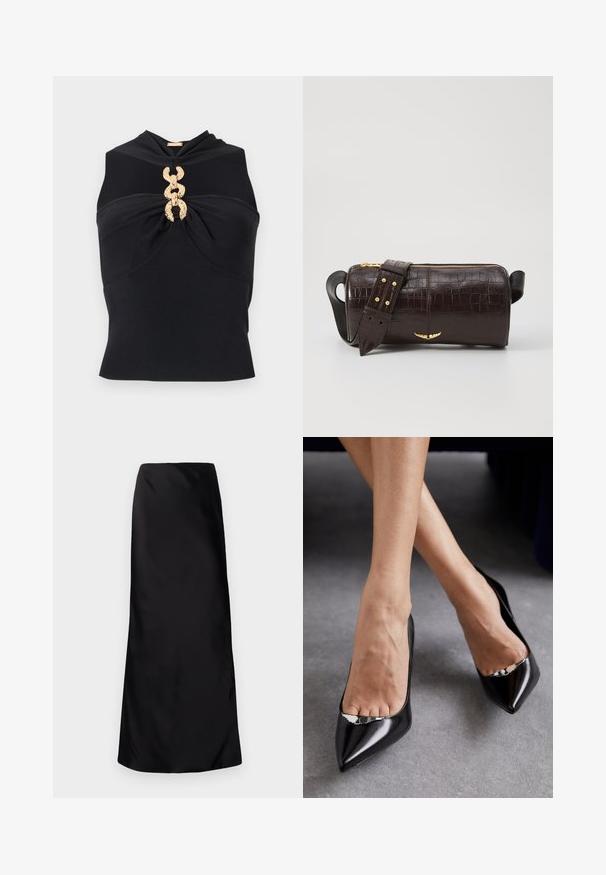 Fekete ujjatlan felső, csavart elülső dizájnnal, középen arany lánc díszítéssel és bordázott textúrával.; Norma Kamali BIAS OBIE SKIRT - Maxi szoknya - black; Fekete bőrből készült magassarkú cipők, hegyes orral és nyitott kialakítással, dísz ezüst kiegészítővel. Simává polírozott textúrával.; Barna krokodilbőr hatású bőr táska henger alakú, arany tónusú fémveretekkel és lecsatolható, szegecsekkel díszített pánttal.