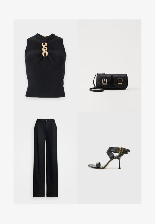 Crna majica bez rukava s dizajnom zavrnute prednje strane, koja sadrži zlatni lančić u središtu i rebrastu teksturu kroz cijelu površinu.; Crne široke hlače s glatkom završnom obradom, ravnim prednjim dijelom, petljama za pojas i jednim dugmetom za zatvaranje u struku.; Crne sandale s petom sa preklapanim trakama i podesivim kopčanjem. Imaju glatku teksturu i suženi stiletto potplat.; Crna kožna torba preko ramena s dva prednja džepa, zlatnim kopčama, zatvaranjem na zip i uskim remenom. Teksturirana površina i kompaktan pravokutan oblik.