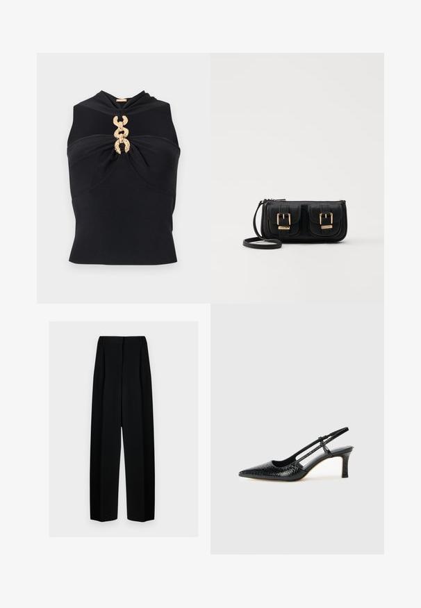 Svart, ermeløs topp med vridd frontdesign, med en gullkjedeaccent i midten og rillede teksturer gjennom hele.; Svart vide bukser med høy livhøyde, med folder og en glatt tekstur. Stoffet virker lett og faller elegant.; Sorte patent slingback hæl med spids tå, featuring tekstureret slangeskind, justerbar rem og en kort, tekstureret blokhæl.; Svart skinn crossbody veske med to frontlommer, gyldne spenner, glidelåslukking og en slank stropp. Teksturert overflate og kompakt rektangulær form.