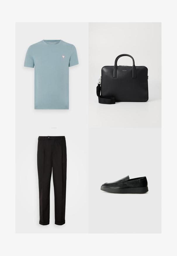 Svetlomodré tričko s krátkym rukávom vyrobené z mäkkého bavlny. Na ľavej strane na hrudi sa nachádza malé trojuholníkové logo v červenej a bielej farbe.; Čierne nohavice s hladkým povrchom, rovného strihu, s dvoma prednými vreckami a jedným gombíkom na uzatvorenie v páse.; Calvin Klein HYBRID CUP - Našuchovačky - triple black; Čierna kožená aktovka so štruktúrovaným povrchom, dvoma uchami, odnímateľným ramenným popruhom a logom na prednej strane. Zapínanie na zips.