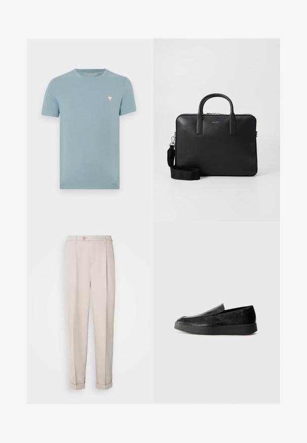 Světle modré tričko s krátkým rukávem vyrobené z měkké bavlny. Obsahuje malé trojúhelníkové logo v červené a bílé barvě na levém prsu.; Béžové kalhoty z hladkého materiálu, s rovný střih, jednou plisovanou přední částí a ohrnutými manžetami. Obsahují přední zapínání na knoflík.; Calvin Klein HYBRID CUP - Polobotky - triple black; Černý kožený aktovka s strukturovaným povrchem, dvojitými uchy, odnímatelným ramenním popruhem a předním logem. Uzavření na zip.